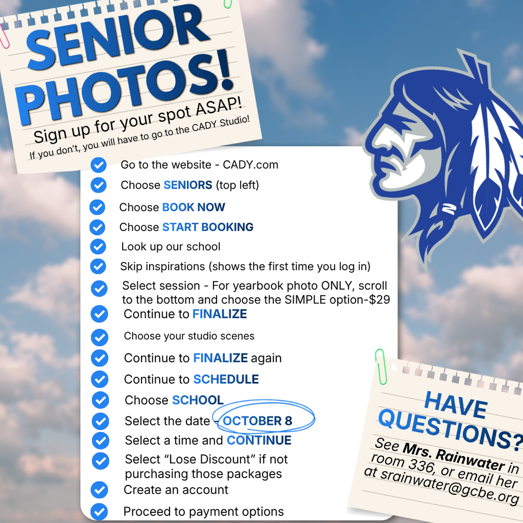 📸 Attention Seniors! Senior photo sign-ups are now open for October 8. Don't wait until the last minute. 🚨 This is the last time CADY Photography will be at Gordon Central. Students who do not sign up for this date will need to travel to a CADY studio for their yearbook photo. Follow the directions in the graphic and reserve your appointment today! Questions? Contact Mrs. Rainwater at srainwater@gcbe.org. 🎓 #ClassOf2027 #SeniorPhotos #GCHSYearbook