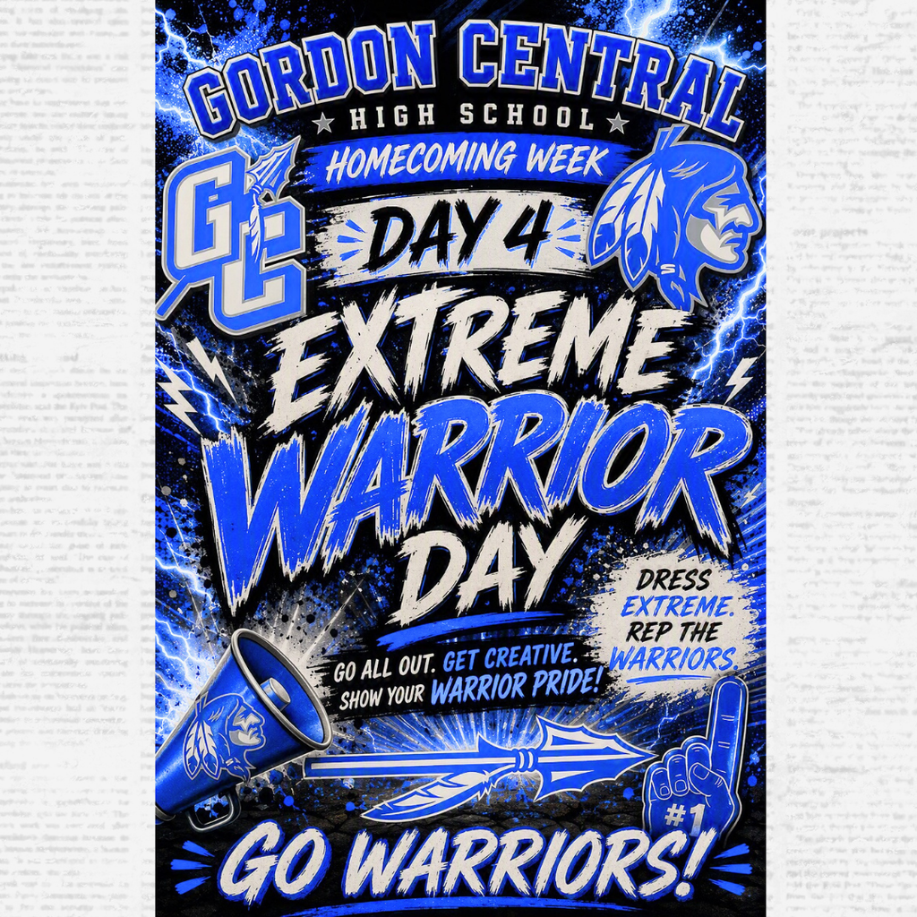 💙⚡ HOMECOMING WEEK DAY 4 ⚡💙 It's time to go all out for Extreme Warrior Day! Show your Warrior pride by dressing in your best blue and white, getting creative, and repping Gordon Central louder than ever. 📣 Wear your Warrior gear. ⚔️ Show your school spirit. 💙 On Friday, let's fill the halls with Warrior pride! Go Warriors! #GCHSHomecoming #ExtremeWarriorDay #WarriorPride #GoWarriors #HomecomingWeek 💙⚡🏈