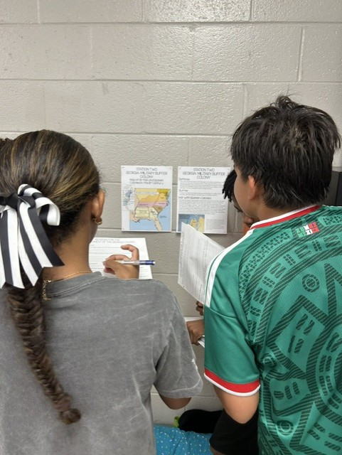 Students in Ms. Massengale’s and Mr. Peacock’s eighth-grade social studies classes worked in stations last week to learn more about the reasons that the Georgia colony was created.