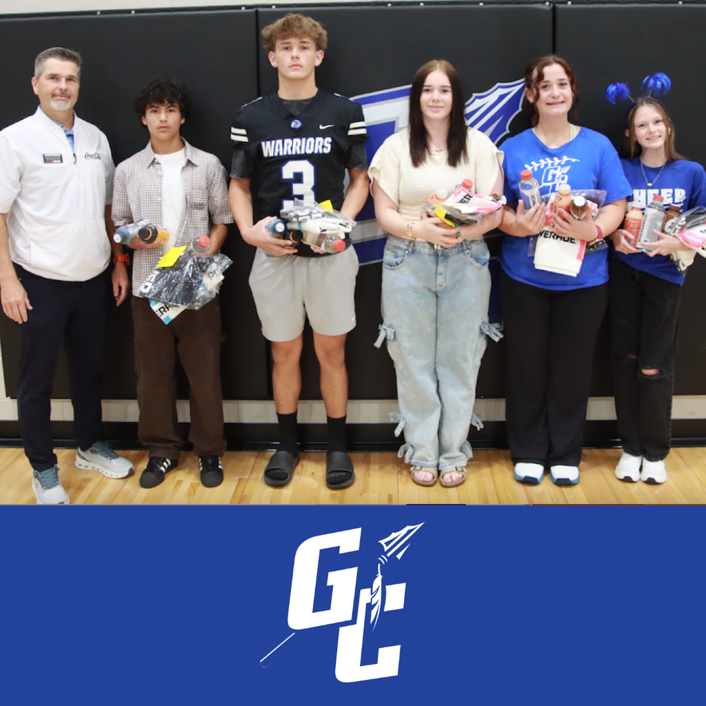 August 2026 - Coke Players of the Month - Left to Right Nathan Medlock (Coca Cola Representative), Junior Martinez (Cross Country) Bently Talley (Football), Baylee Chastain (Volleyball), Bella Hardin (Softball) Peyton Bodiford (Cheer)