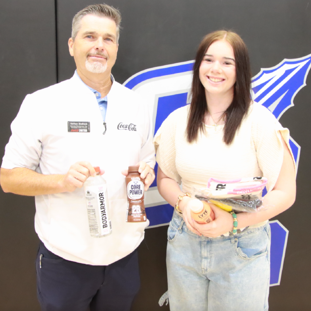 Nathan Medlock (Coca Cola rep) with Baylee Chastain (Volleyball) - Aug. 2026 Player of the Month