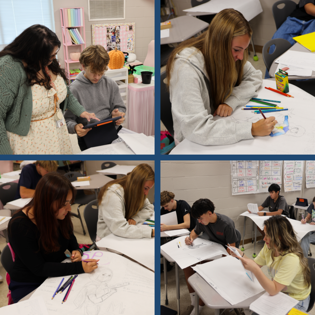 Students working on poster projects in class
