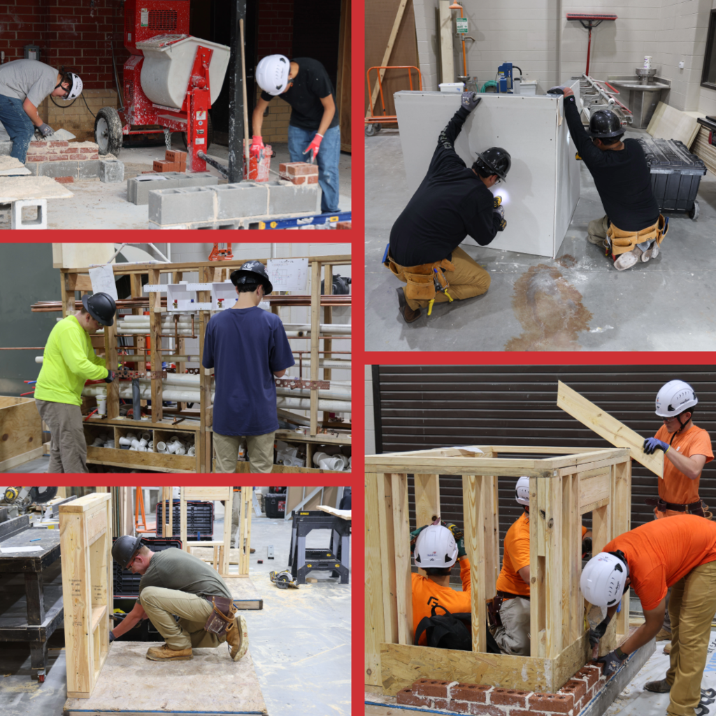 Construction students working on several projects.