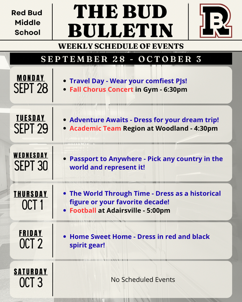 Calendar of weekly events.