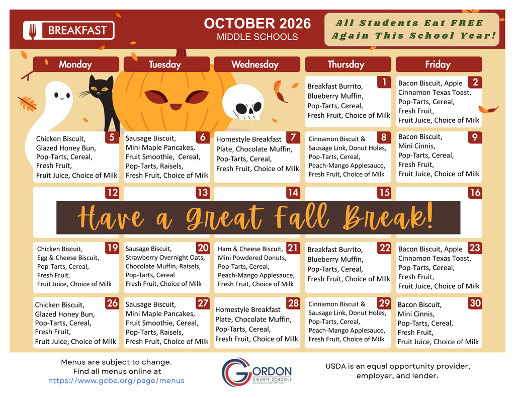 October 2026 breakfast menus for middle schools in Gordon County, GA.