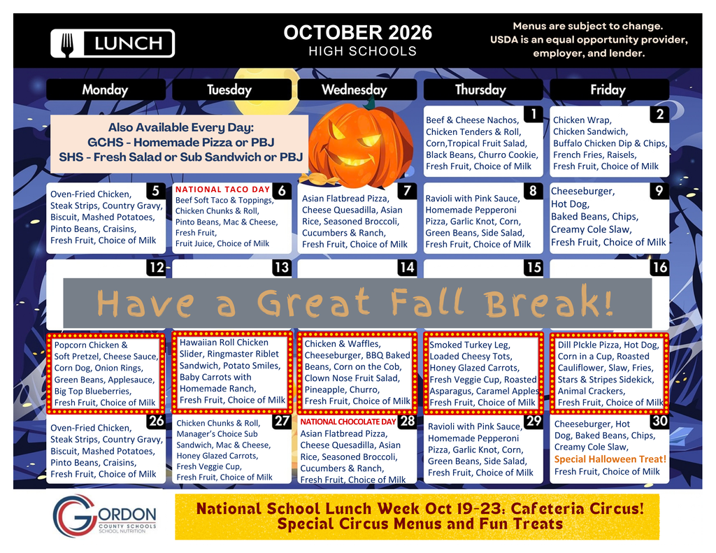 October 2026 lunch menus for high schools in Gordon County, GA.
