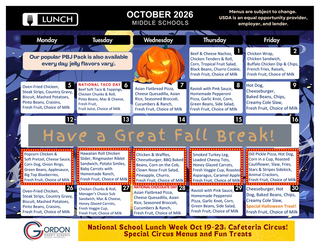 October 2025 lunch menus for middle schools in Gordon County, GA.