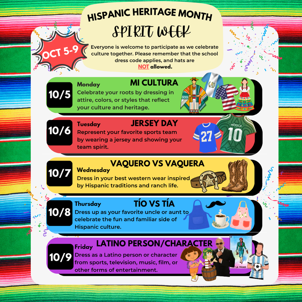 🎉🌎 Join us as we celebrate Hispanic Heritage Month Spirit Week from October 5-9! 🇲🇽🇬🇹🇺🇸 Students and staff are invited to participate in a week full of fun while honoring the rich cultures, traditions, and contributions of Hispanic communities. From Mi Cultura Monday to Latino Person/Character Day on Friday, there’s a spirit day for everyone! Please remember that all outfits must follow the school dress code, and hats are not permitted. Check out the flyer below and start planning your outfits! We can’t wait to see your school spirit and cultural pride on display. 💃🎶⚽🤠 #HispanicHeritageMonth #SpiritWeek #GordonCentral #CelebrateCulture #SchoolSpirit #HispanicHeritage #OneTribeOneFamily 🌟