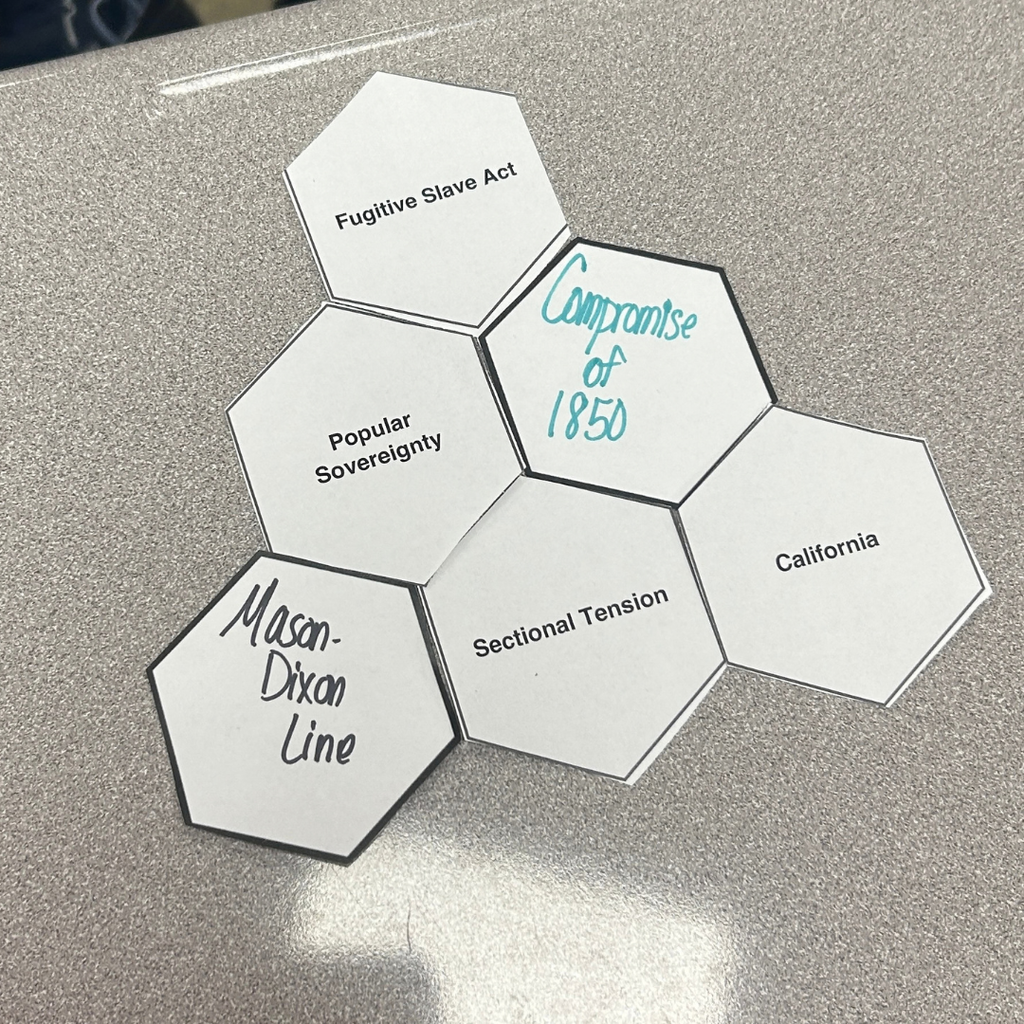 Wireless Wednesday in Action! 🔗📚 Mr. Garrett’s and Mrs. Freeman’s U.S. History students put their critical thinking skills to work during a hands-on hexagonal thinking activity for #WirelessWednesday! By connecting key terms and concepts, students created an interactive web of ideas that helped them examine the many causes and relationships that led to the Civil War. Great collaboration, thoughtful discussions, and deeper learning made for an engaging history lesson. We love seeing our students make meaningful connections and bring history to life! 🇺🇸 #GordonCentral #WirelessWednesday #HistoryInAction #CriticalThinking #StudentCollaboration
