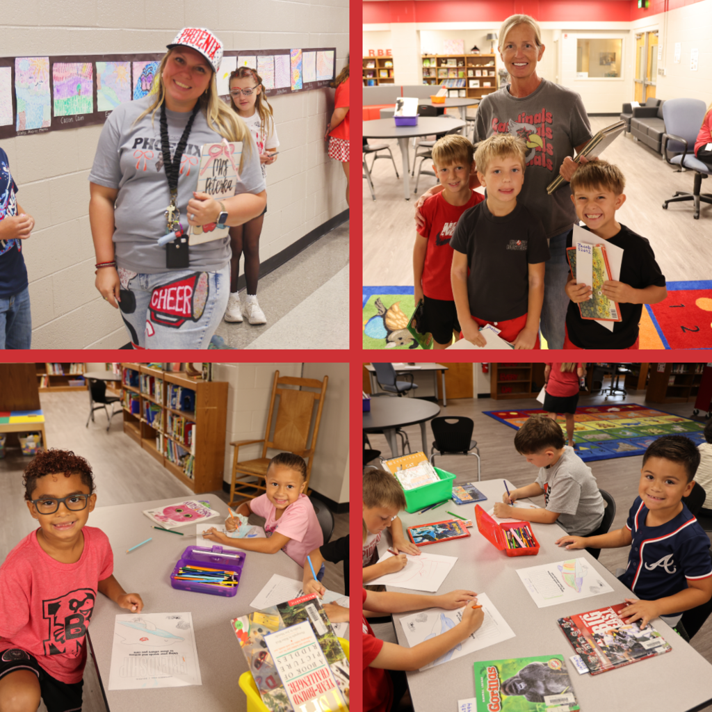 Students working in the media center and teacher showing school spirit