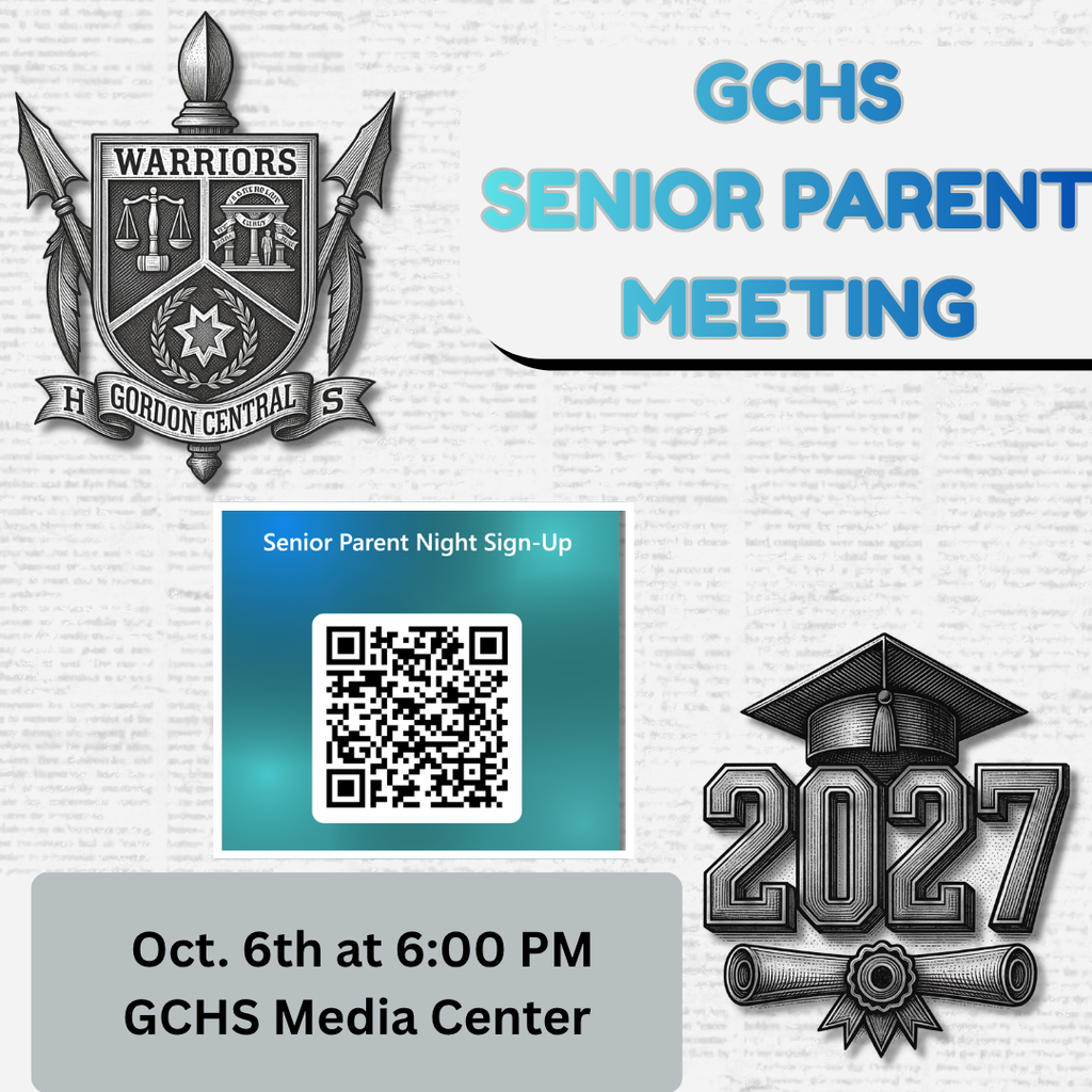 GCHS senior parents/guardians, be sure to attend our Senior Parent Meeting on October 6, 2026, at 6:00 p.m. in the Media Center. This meeting is designed to provide important information and resources to help ensure your senior stays on track for a successful year. Topics will include graduation requirements, the SAT/ACT, GA Match, college applications, FAFSA, and more. Be sure to scan the QR code or click the link to reserve your spot! Link to sign up for Senior Parent Meeting: https://tinyurl.com/mr3cz7ex