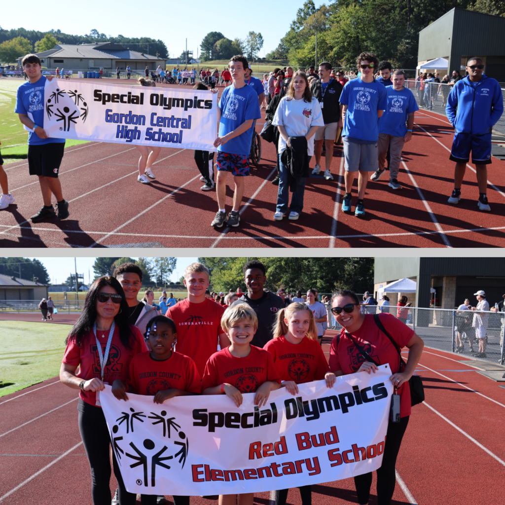 Students walking with banners at Special Olympics event