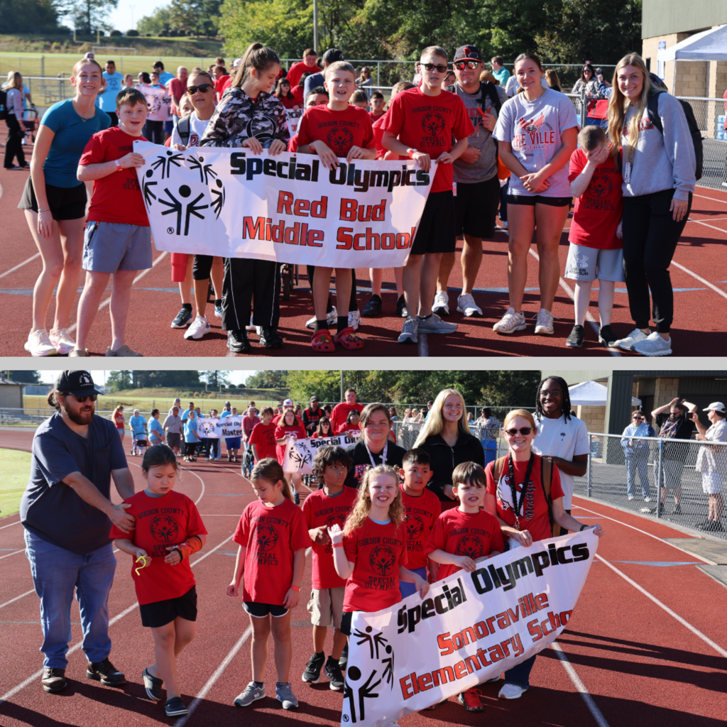 Students walking with banners at Special Olympics event