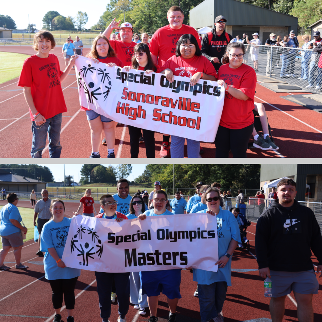 Students walking with banners at Special Olympics event