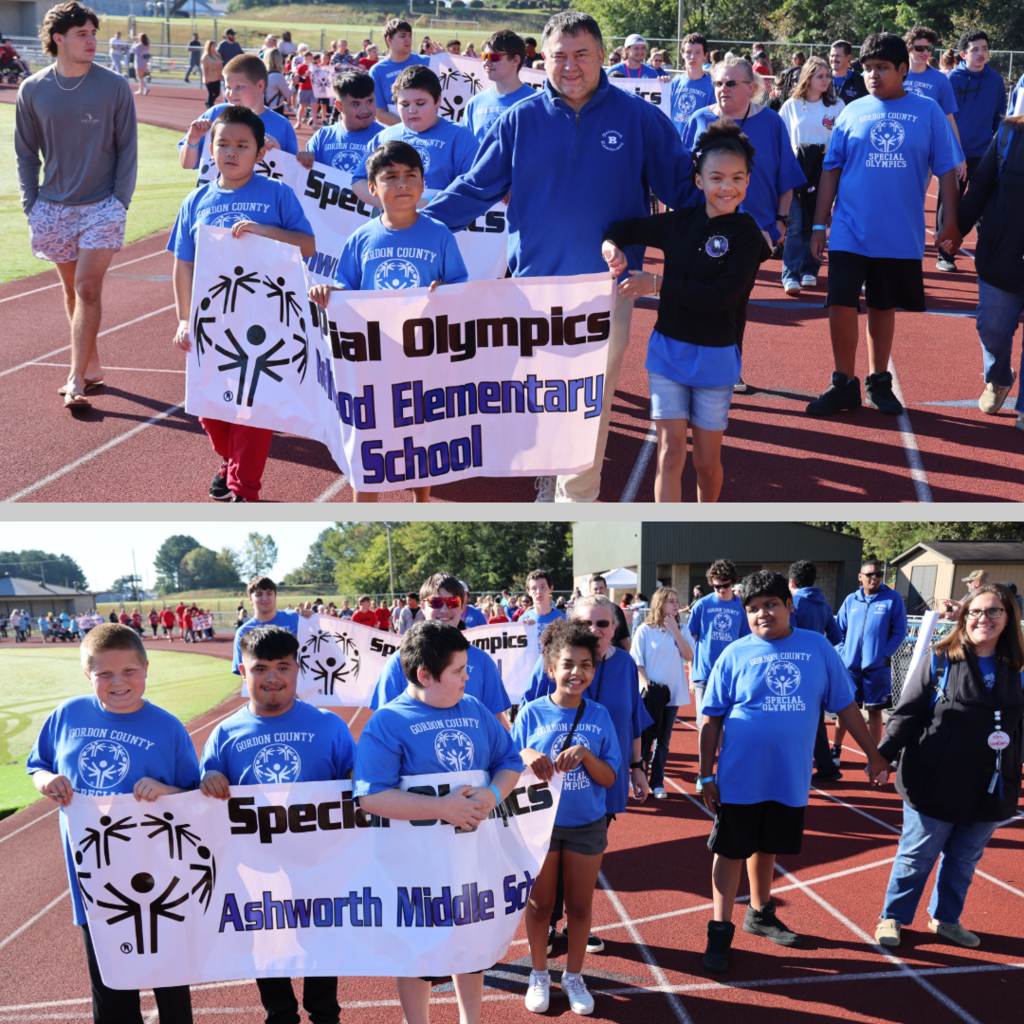 Students walking with banners at Special Olympics event