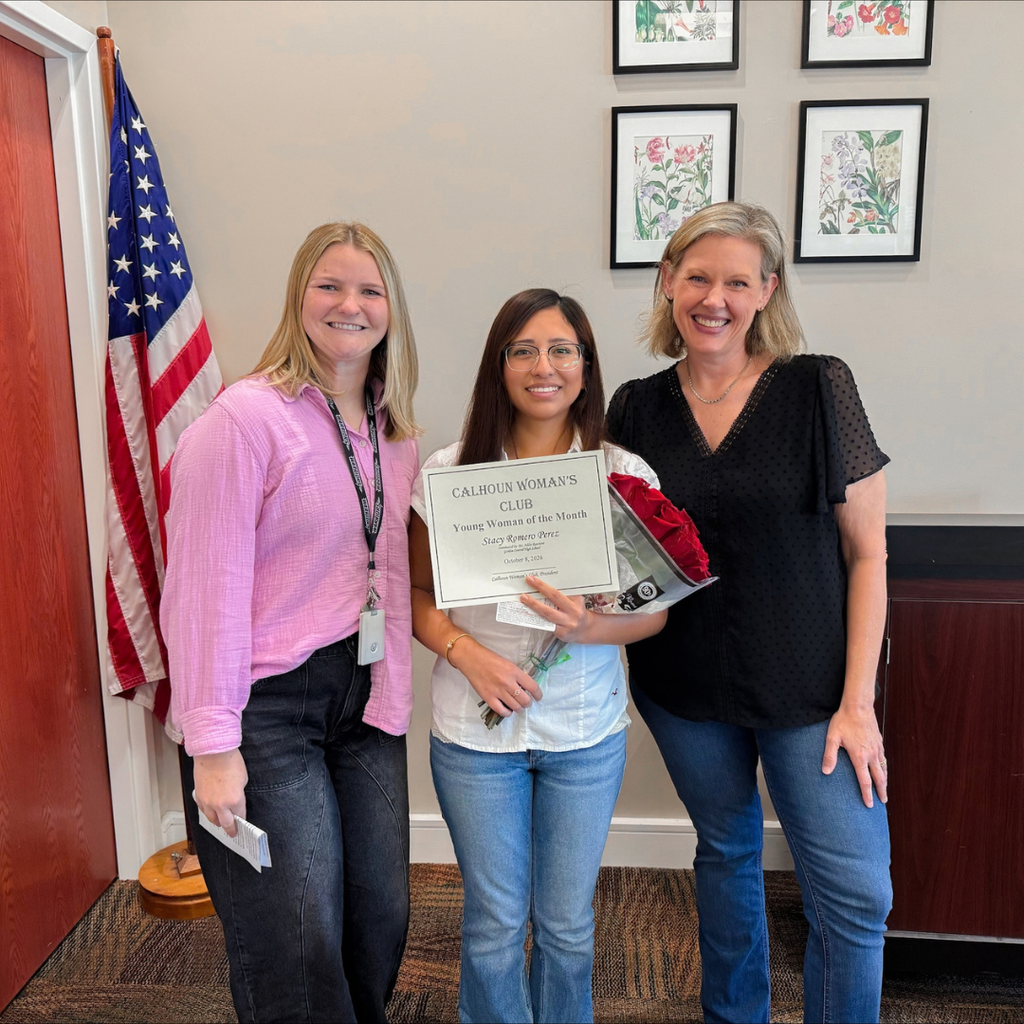 Stacy Romero Perez - recognized as the Youth of the Month by the Calhoun Women's Club - pictured left to right - Mrs. Rusciano, Science Teacher and Volleyball coach at Gordon Central, Stacy Romero Perez (center) and Calhoun Women's Club representative on right.
