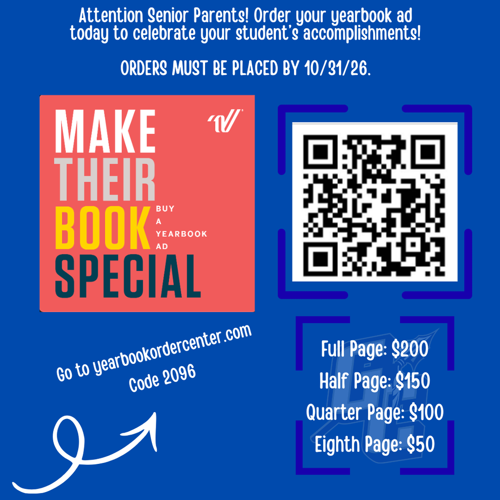 📚 Senior Parents, it’s time to make their book special! 🎓 Celebrate your senior’s accomplishments with a personalized yearbook ad that will be cherished for years to come. Whether you choose a full page or a smaller tribute, this is a great way to recognize all of their hard work, memories, and achievements. ⏰ Deadline to order: October 31, 2026 📖 Order online at yearbookordercenter.com 🔹 School Code: 2096 Don't miss the chance to leave your senior a special message in the 2026-2027 yearbook! ❤️💙 #GordonCentralHighSchool #SeniorYear #ClassOf2027