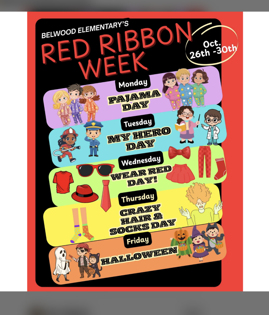 Get ready for some serious spirit! 🎉 When we return from Fall Break, RED RIBBON WEEK is just around the corner, and we're celebrating staying drug free and being heroes in our community! 🦸 This week is all about dressing up, showing our support, and spreading the message that being a hero is always cooler than being a zero. 💪 Mark your calendars and get those creative costumes ready—it's going to be an awesome week of celebration and positive choices! 🌟 October 26th - 30th!