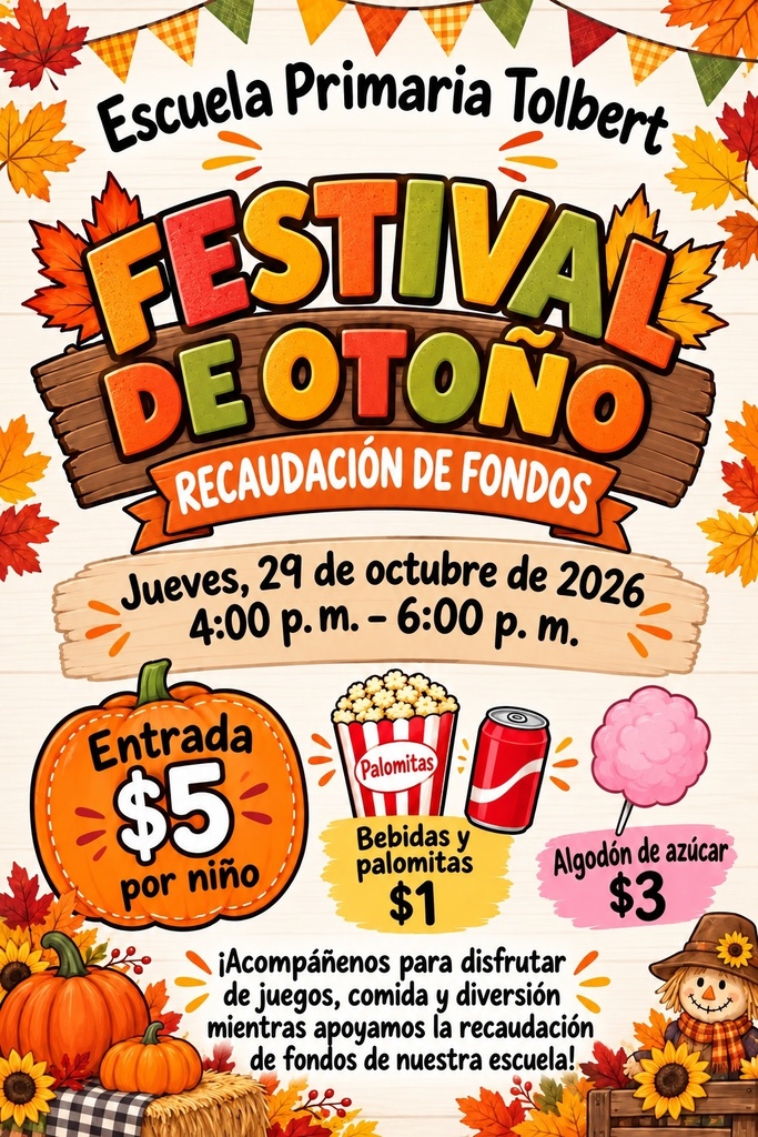 Spanish flyer for Tolbert’s Fall Festival Fundraiser, October 29, 2026, from 4–6 p.m. Admission: $5 per child. Drinks and popcorn: $1 each. Cotton candy: $3. Features colorful fall decorations.