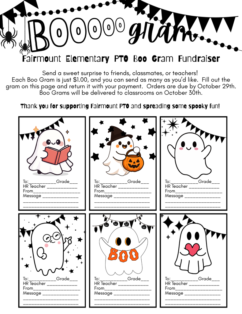 FES PTO will be selling Boo Grams for $1 through October 29th!! Students will have forms in their folders today.