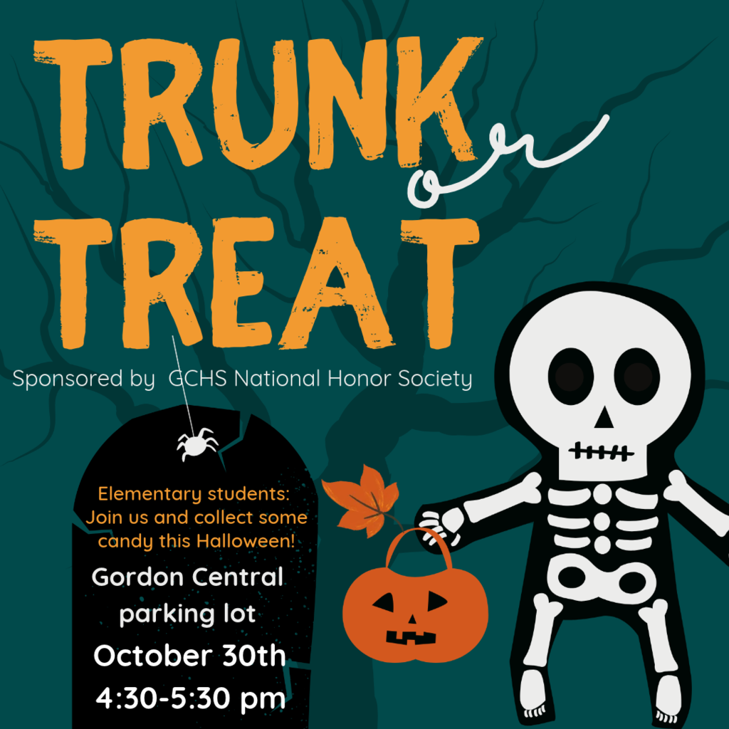 Calling all future Warriors! 🎃🍬 Join us for a spooktacular Trunk or Treat hosted by the GCHS National Honor Society! Elementary students are invited to stop by the Gordon Central parking lot on October 30 from 4:30-5:30 PM for an afternoon of Halloween fun and plenty of candy. We can't wait to see all your creative costumes and smiling faces! 👻🧡 #GCHSWarriors #TrunkOrTreat #WarriorFamily #HalloweenFun
