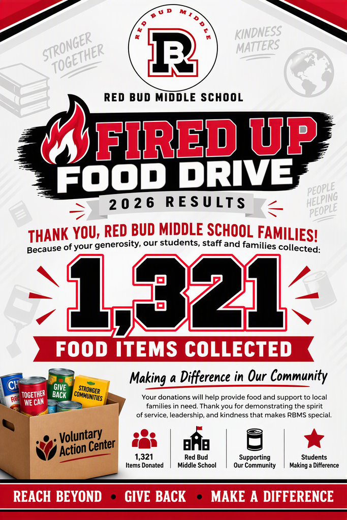 This flyer has red and black colors and states that RBMS collected 1321 food items for the fired up food drive.