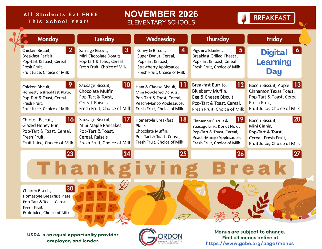 November 2026 breakfast menus for elementary schools in Gordon County, GA.