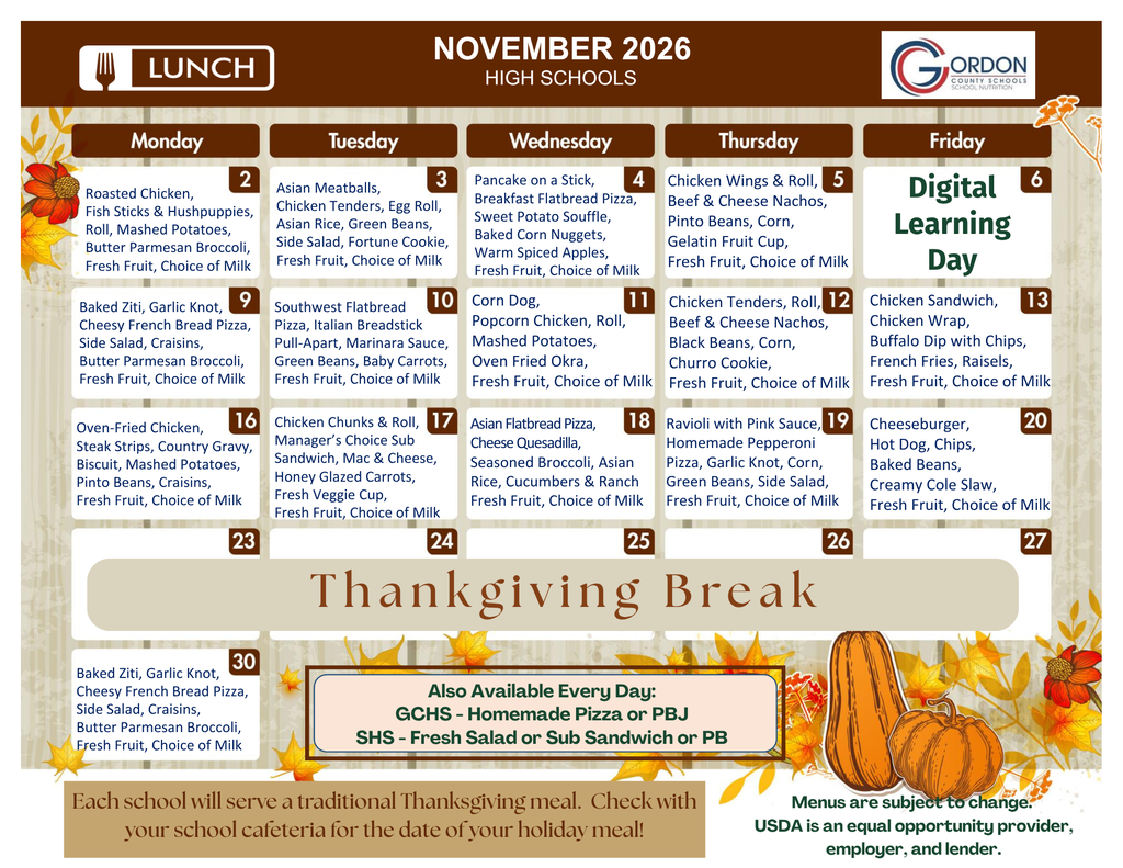 November 2026 lunch menus for high schools in Gordon County, GA.