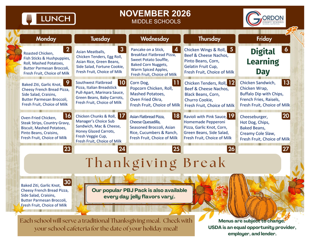 November 2026 lunch menus for middle schools in Gordon County, GA.