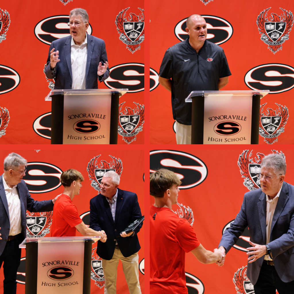 Ceremony honoring Braxen for winning state football player of the week. Presentation