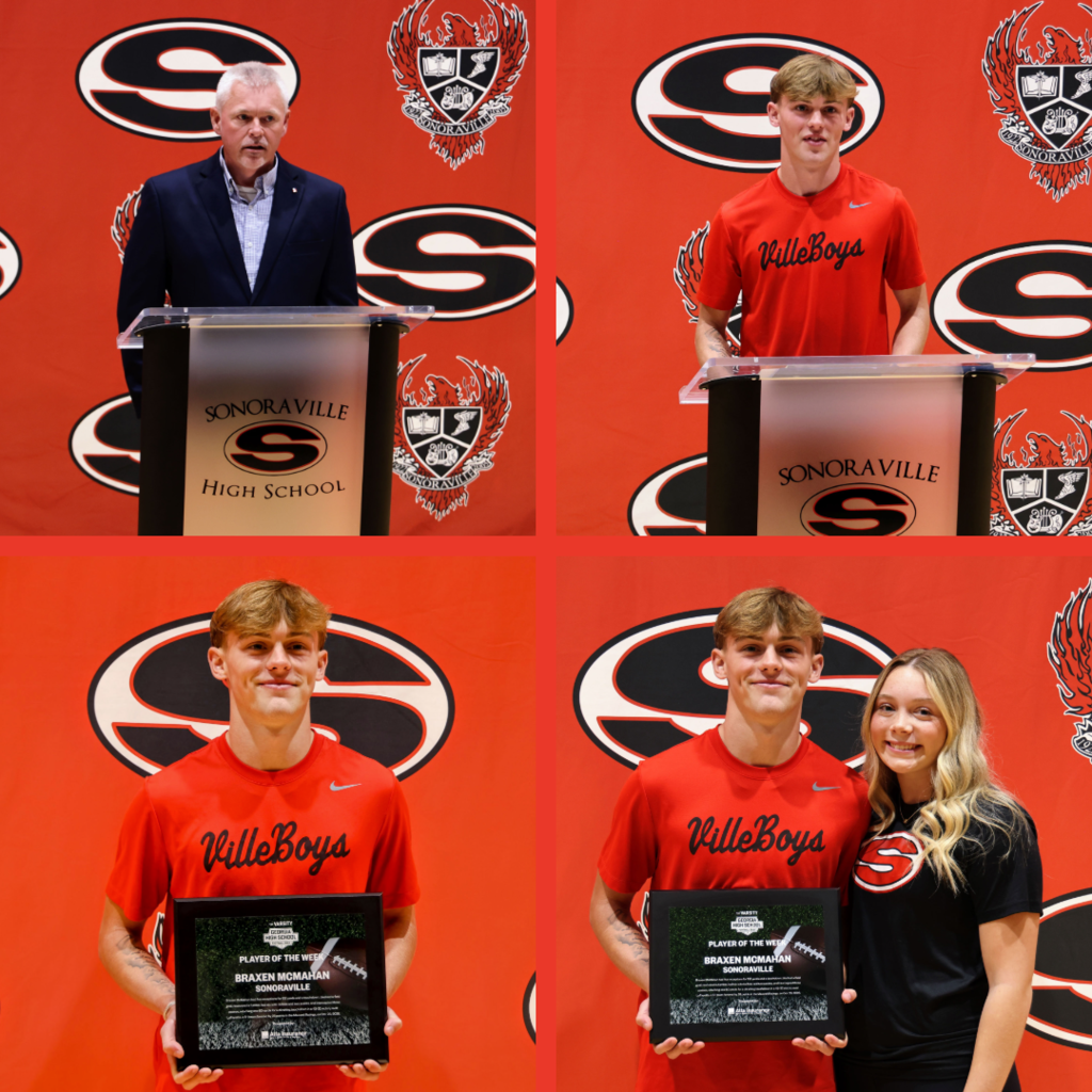 Ceremony honoring Braxen for winning state football player of the week. Receiving award and posing with family/friends