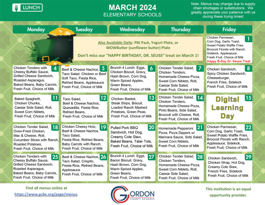 March 2024 elementary school lunch menus