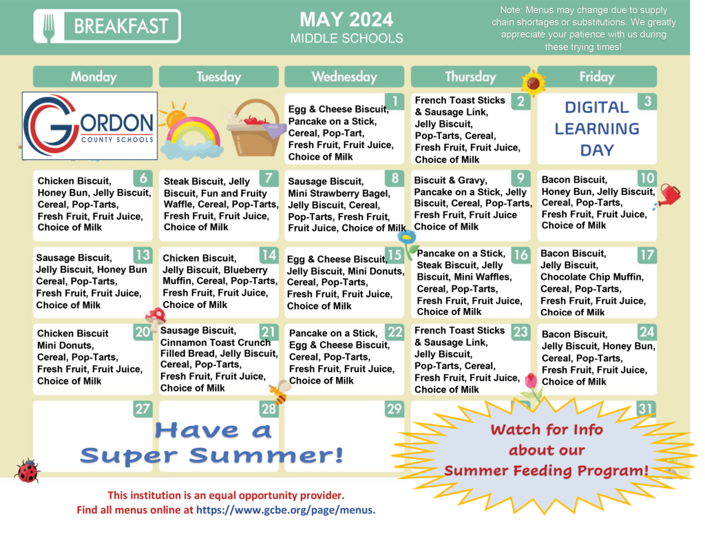 Middle school breakfast menus for May