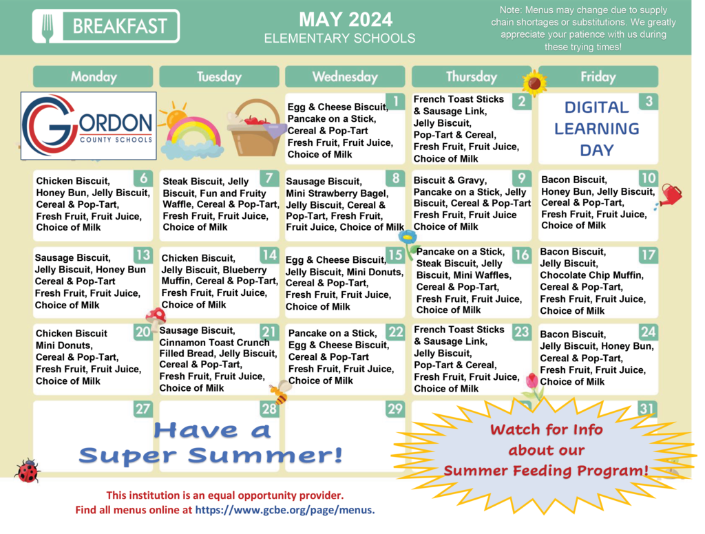 Elementary breakfast menu for May