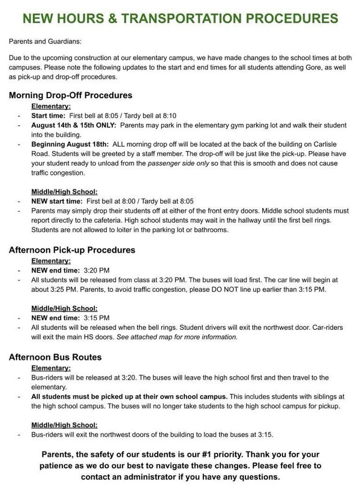 New Hours and Transportation Procedures 