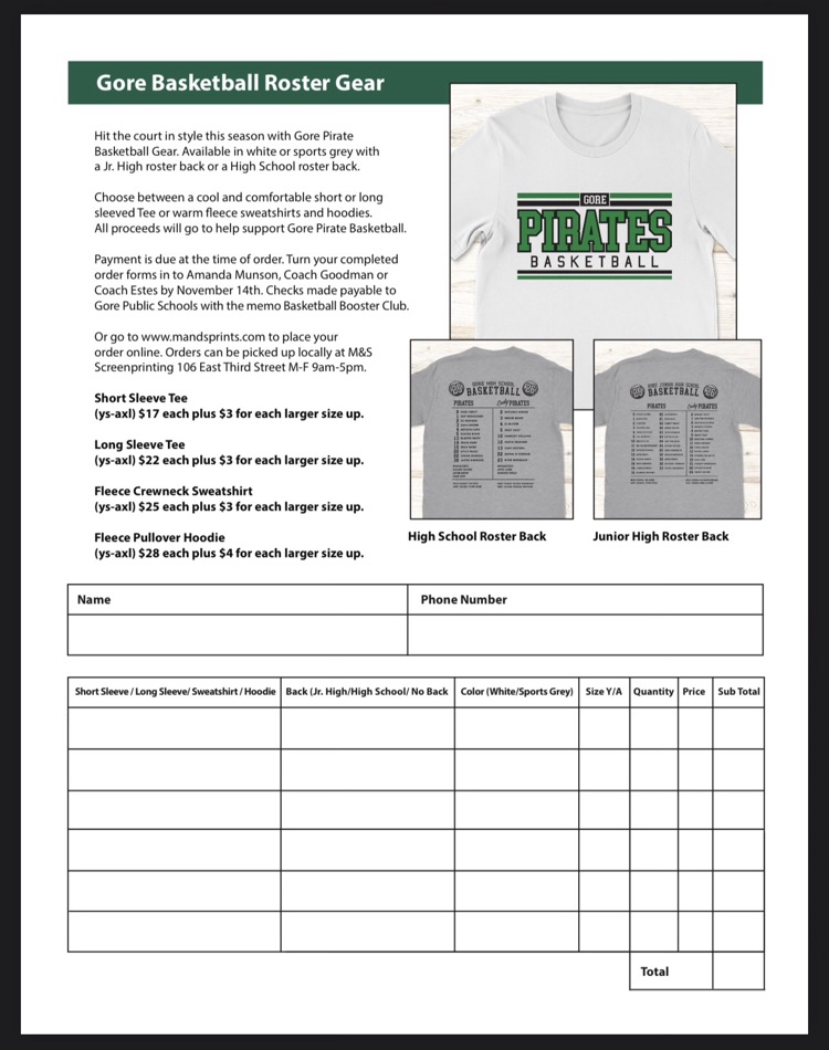 Basketball Roster Shirt Order Form