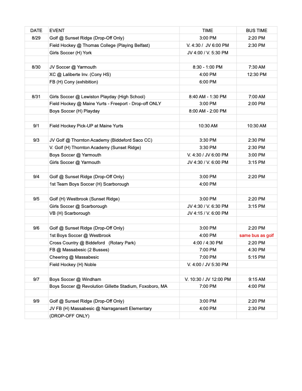 Athletics Schedule