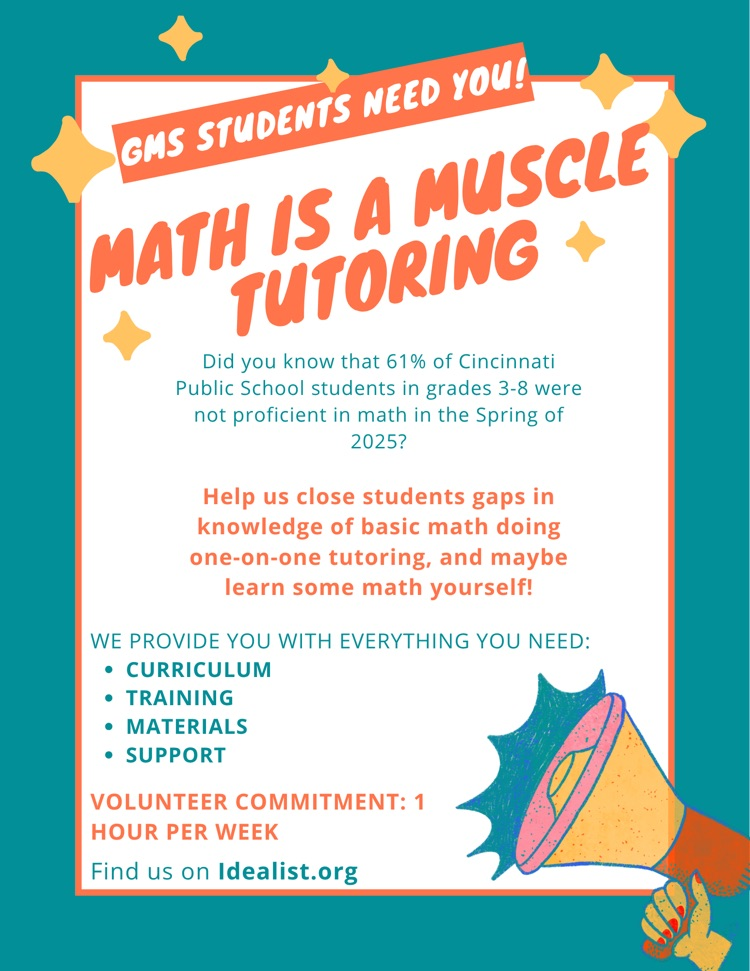 Attention! We are looking for volunteers in the community to help tutor middle school students with basic math facts. The time commitment is 1 hour per week. Please see the flyer for details!