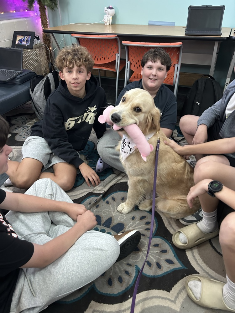 Today, Mrs. DeNu’s Career Tech class welcomed Marlys, Tina, and 6 Circle Tail puppies for a crucial lesson in socialization.