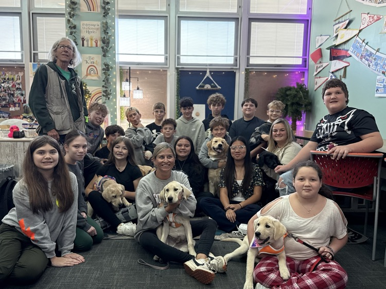Today, Mrs. DeNu’s Career Tech class welcomed Marlys, Tina, and 6 Circle Tail puppies for a crucial lesson in socialization.