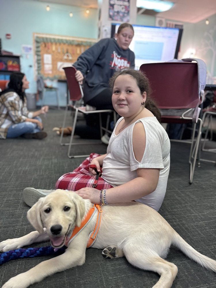 Today, Mrs. DeNu’s Career Tech class welcomed Marlys, Tina, and 6 Circle Tail puppies for a crucial lesson in socialization.