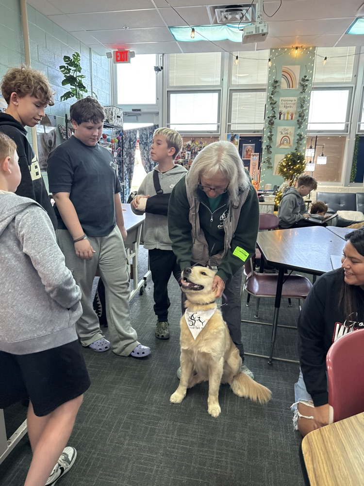 Today, Mrs. DeNu’s Career Tech class welcomed Marlys, Tina, and 6 Circle Tail puppies for a crucial lesson in socialization.