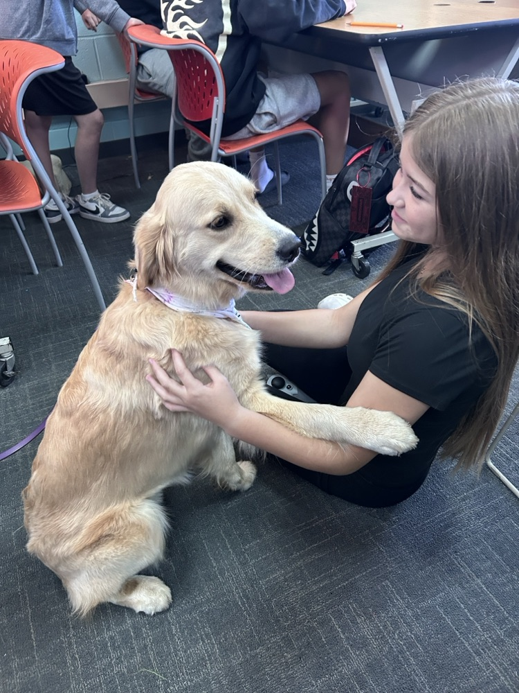 Today, Mrs. DeNu’s Career Tech class welcomed Marlys, Tina, and 6 Circle Tail puppies for a crucial lesson in socialization.