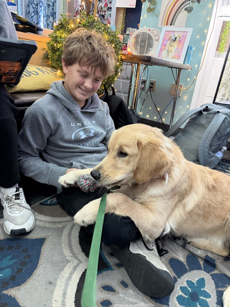 Today, Mrs. DeNu’s Career Tech class welcomed Marlys, Tina, and 6 Circle Tail puppies for a crucial lesson in socialization.