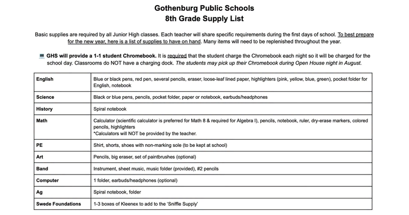 8th Grade School Supply List