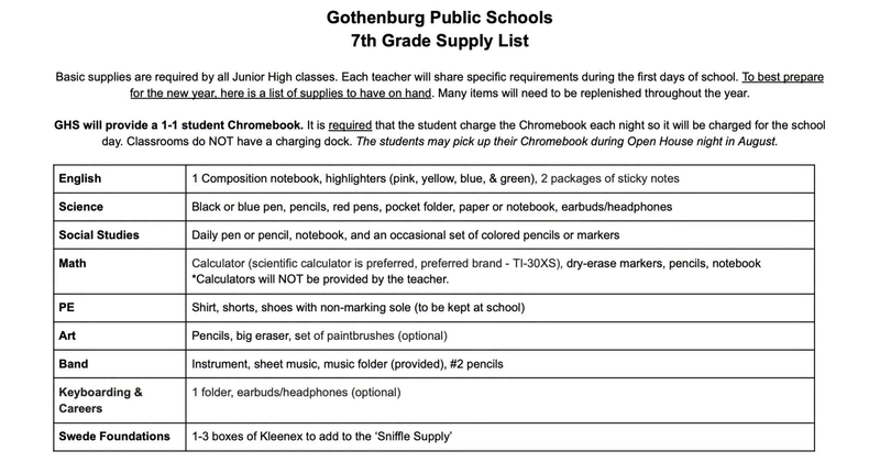 7th Grade School Supply List
