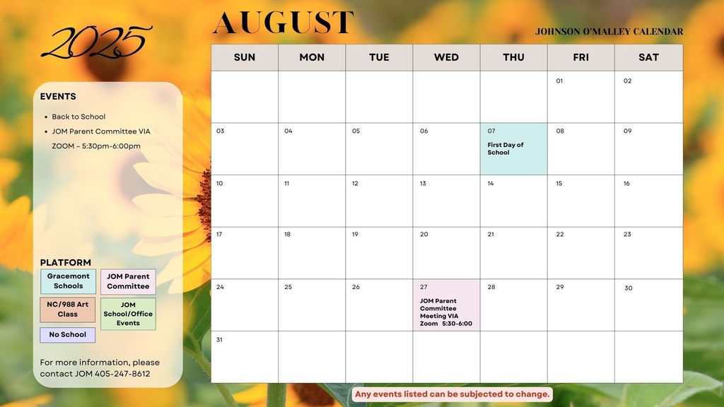 August JOM Calendar