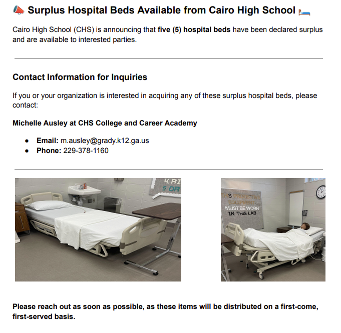 Surplus Hospital Beds Available from Cairo High School