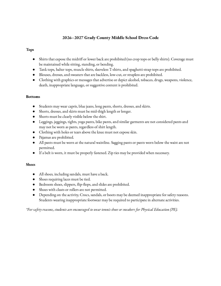 Middle School Dress Code