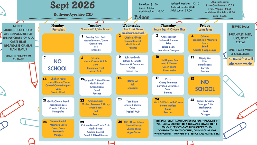 September lunch menu in blue and orange